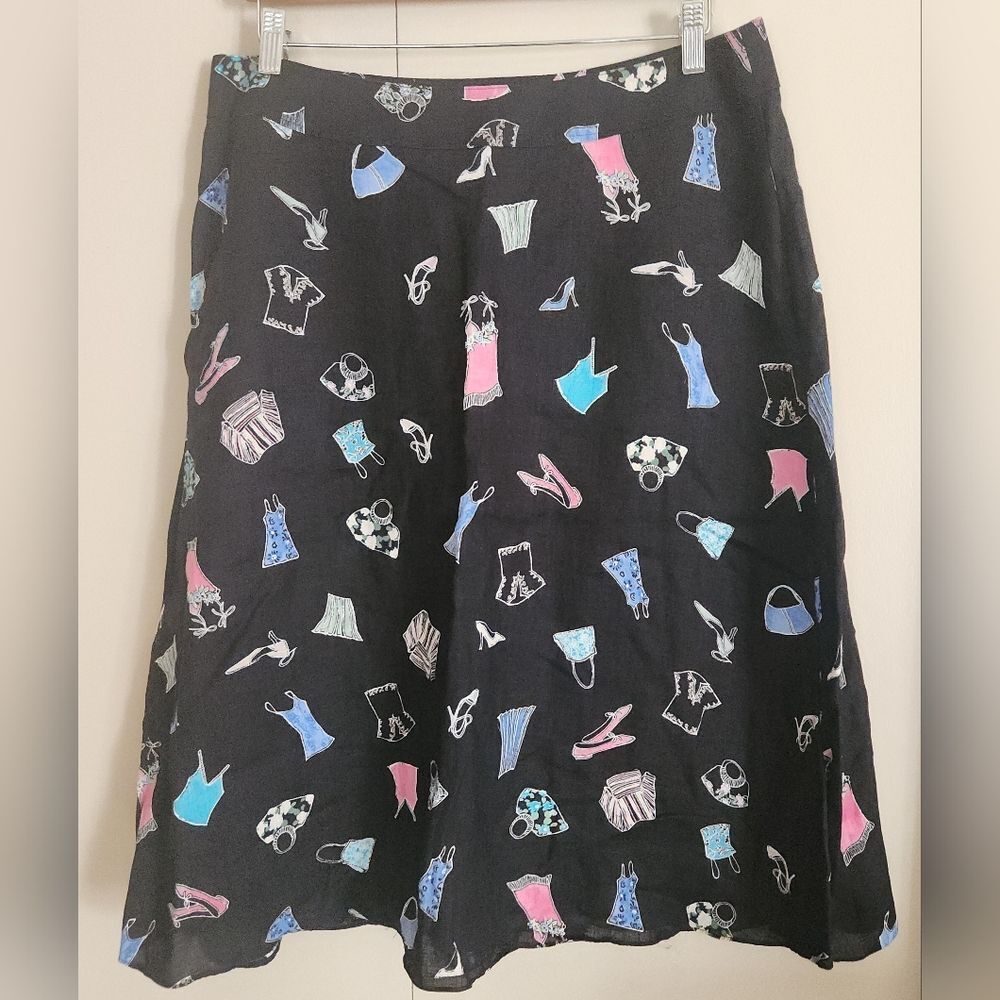 K10Liz Claiborne Black Linen Multi-color Retro Fashionista A-Line Midi Skirt